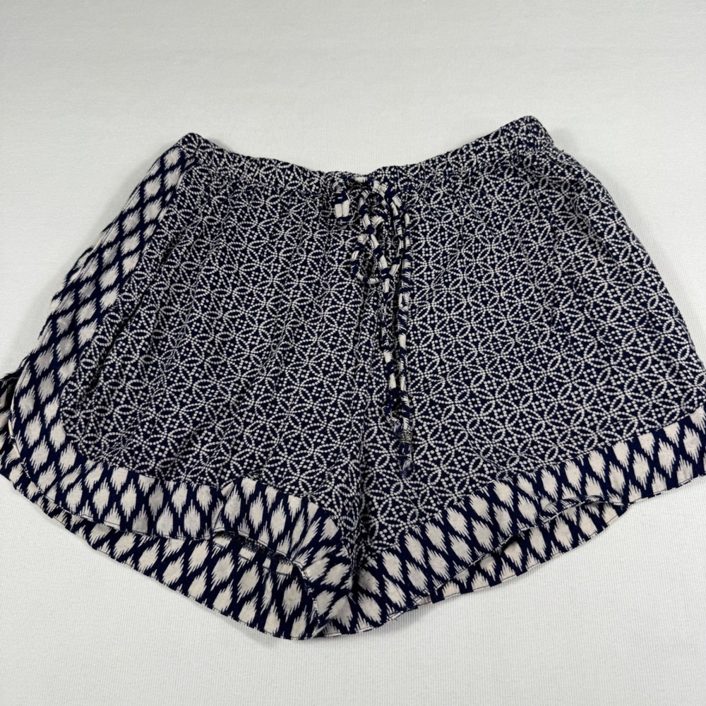 Angie Mixed Geometric‎ Ikat Print Shorts M Navy Blue Boho Rayon Drawstring
